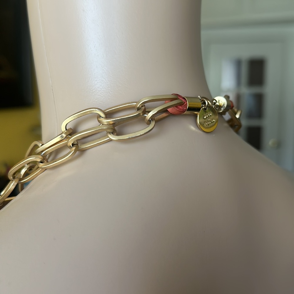 Anthropologie Wing Paris orange leather tassels & brass necklace. Made in France - Picture 4 of 12